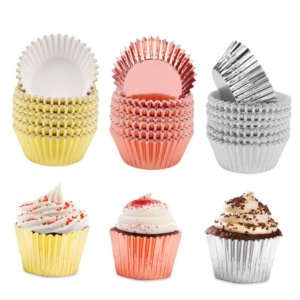 Cabilock 3 Series Copa Para Pasteles Y Postres Metálico Grueso Color Plata Y Rosa Revestimientos Resistentes Para Muffins Y Cupcakes Para Fiestas Y Celebraciones 200 Piezas*3