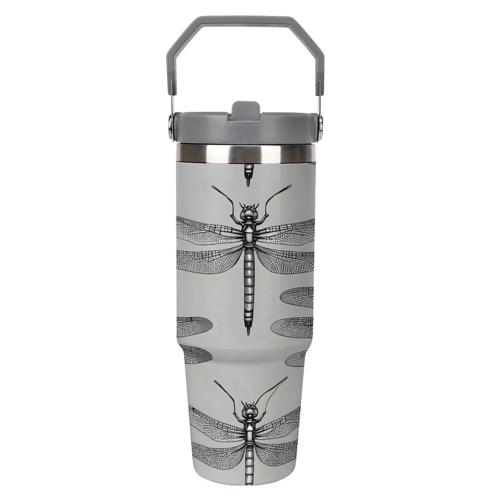 Bouteille d'eau isotherme haut de gamme en acier inoxydable gris au design libellules épuré