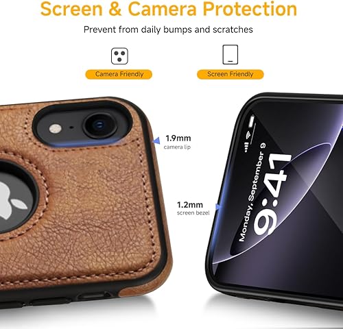 Miniatura 7 de Funda de cuero de lujo con diseño elegante para iPhone XR agarre antideslizante cuerpo completo ultra delgado funda protectora 6.1 pulgadas (marrón)