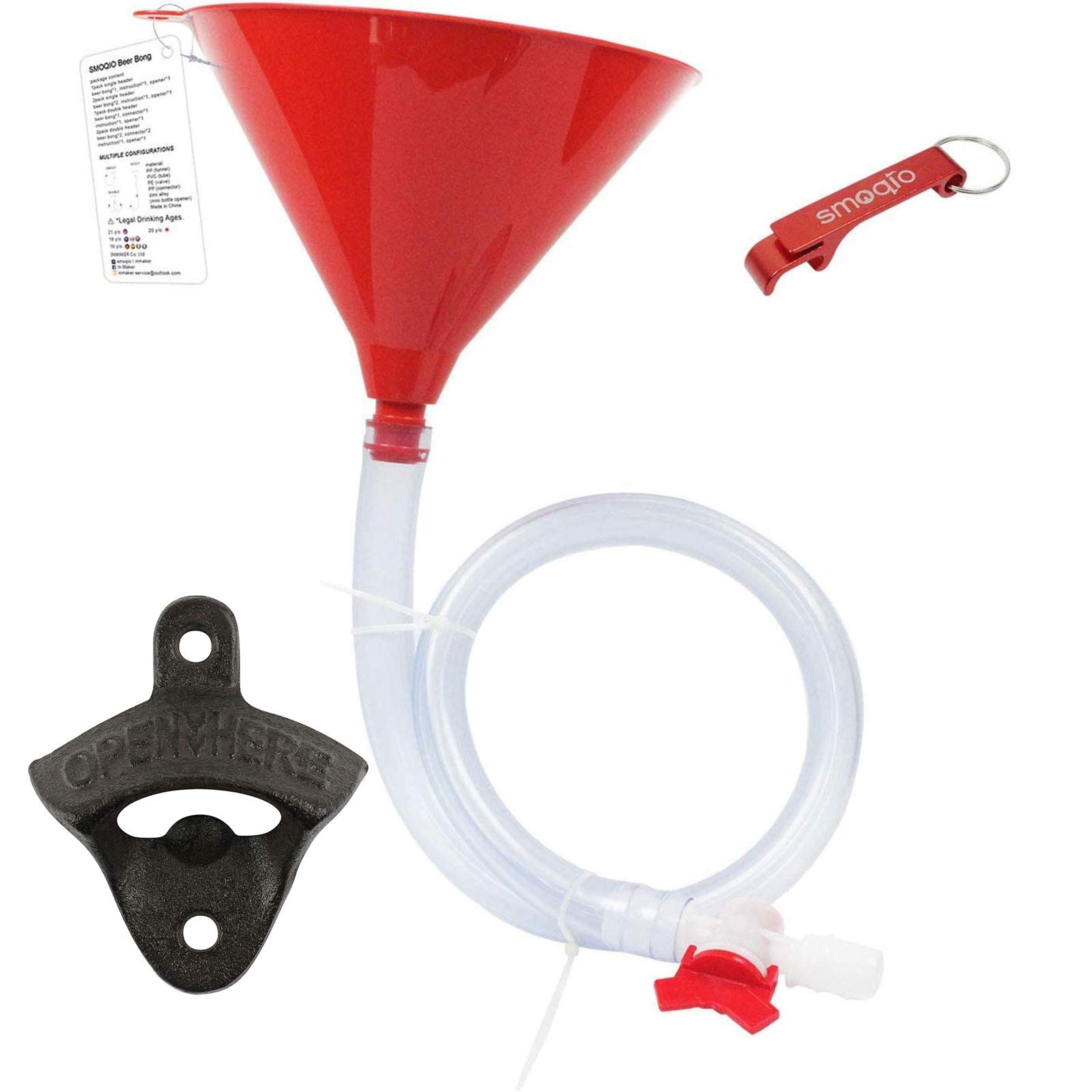SMOQIO Beer Bong Funnel with Valve and 1 pcs Wall Mounted Bottle Opener