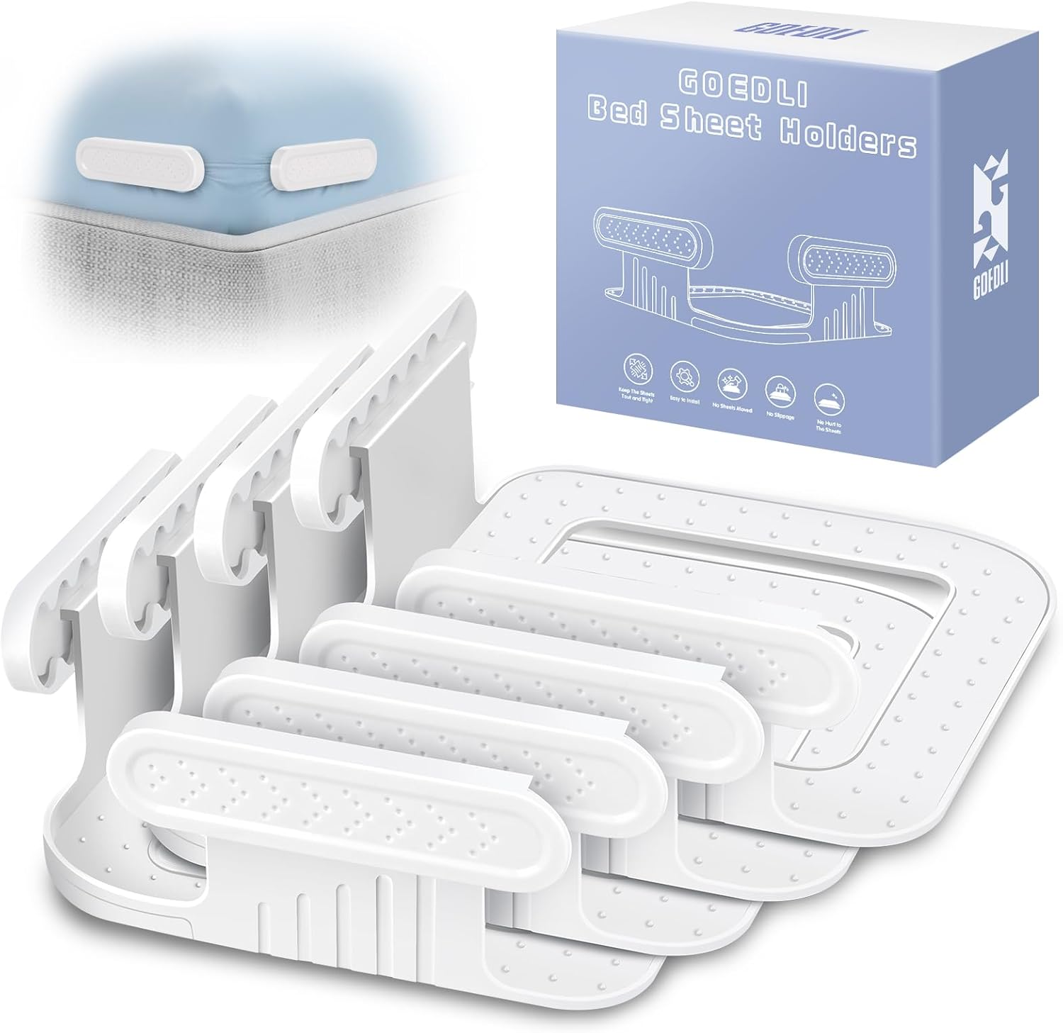 Lock Bed Sheet Holders for All Sheet Sizes, Fitted Sheet Straps Keep Sheets Firm & Tight (White)