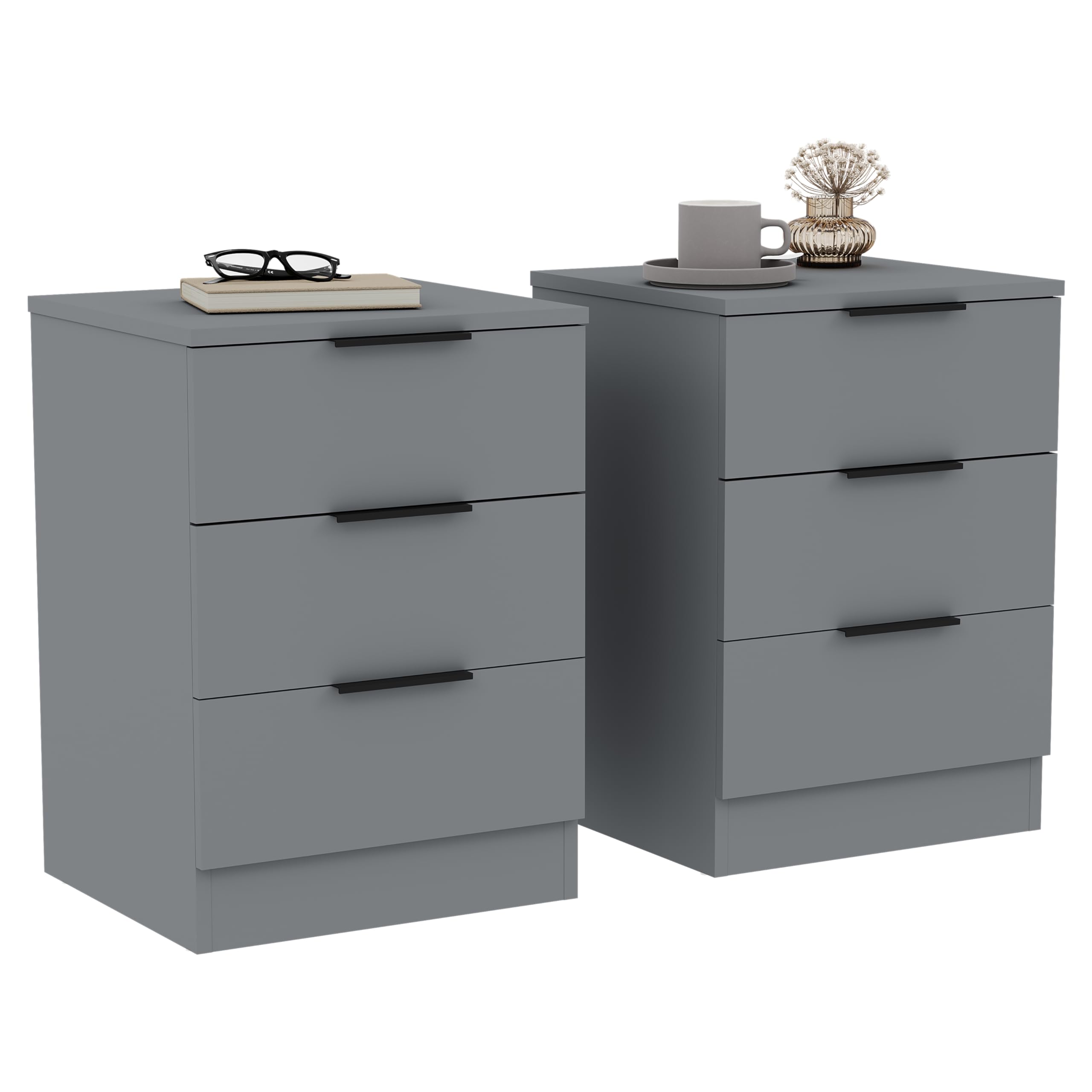 Vida Designs Trega 3 Drawer Bedside Cabinets Set of 2 Grey - Compact Space-Saving Nightstands - 50H x 39W x 28D cm - Engineered Wood - Glide Drawers, Black Handles - Ideal for Bedroom & Guest Room