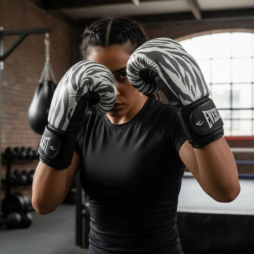 Everlast - Everlast Gants de Boxe Spark Unisexe Adultes, Motif Zèbre, Noir et Blanc 12OZ - DEPOTPUY-BOX6-31