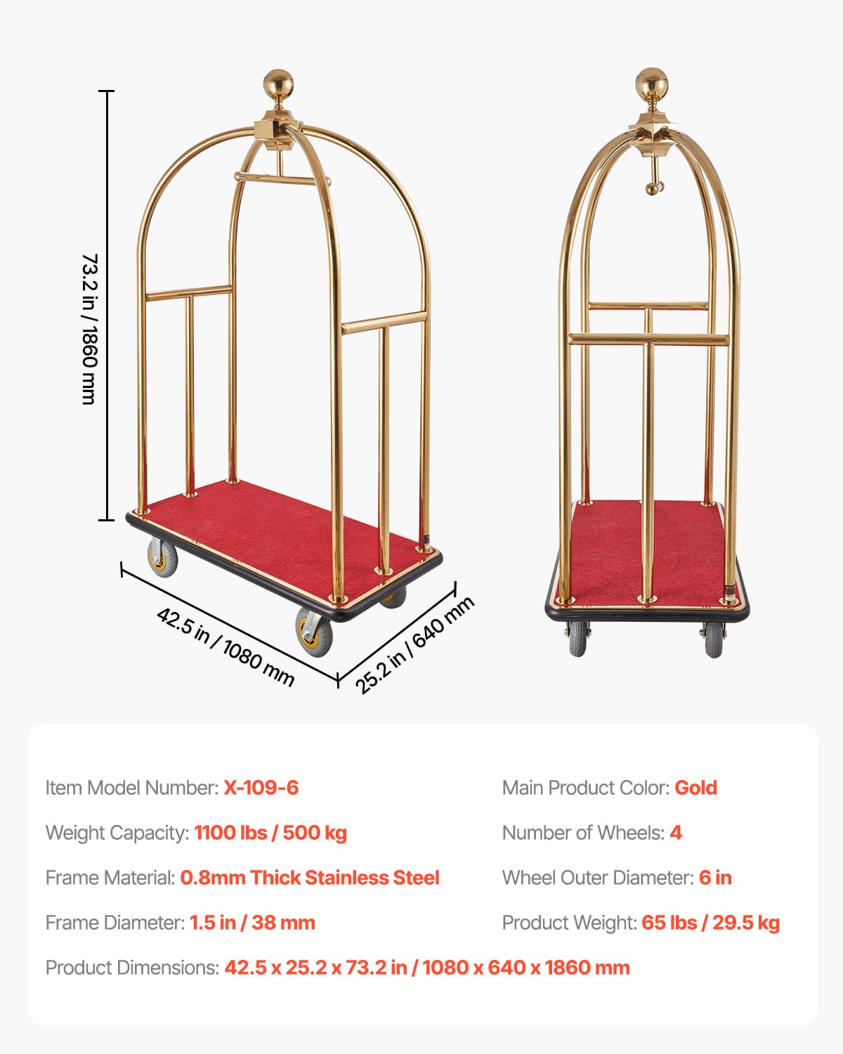 VEVOR Chariot à Bagages Hôtel, 500 kg, Chariot Porte-bagages Concierge Finition Inox Brossé, Montants Incurvés, avec Moquette Rouge, Roues Caoutchouc 15,24 cm, pour Hôtels, Condos, Complexes Hôteliers