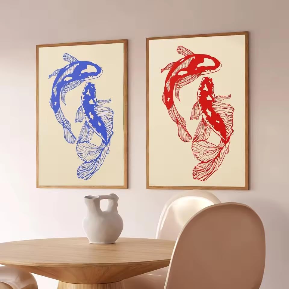 KEMEIQI Stampe su tela con carpe koi blu e rosse, poster artistico giapponese con carpe koi portafortuna per la camera da letto moderna, ideale per San Valentino (80 * 120x2 cm/cornice)
