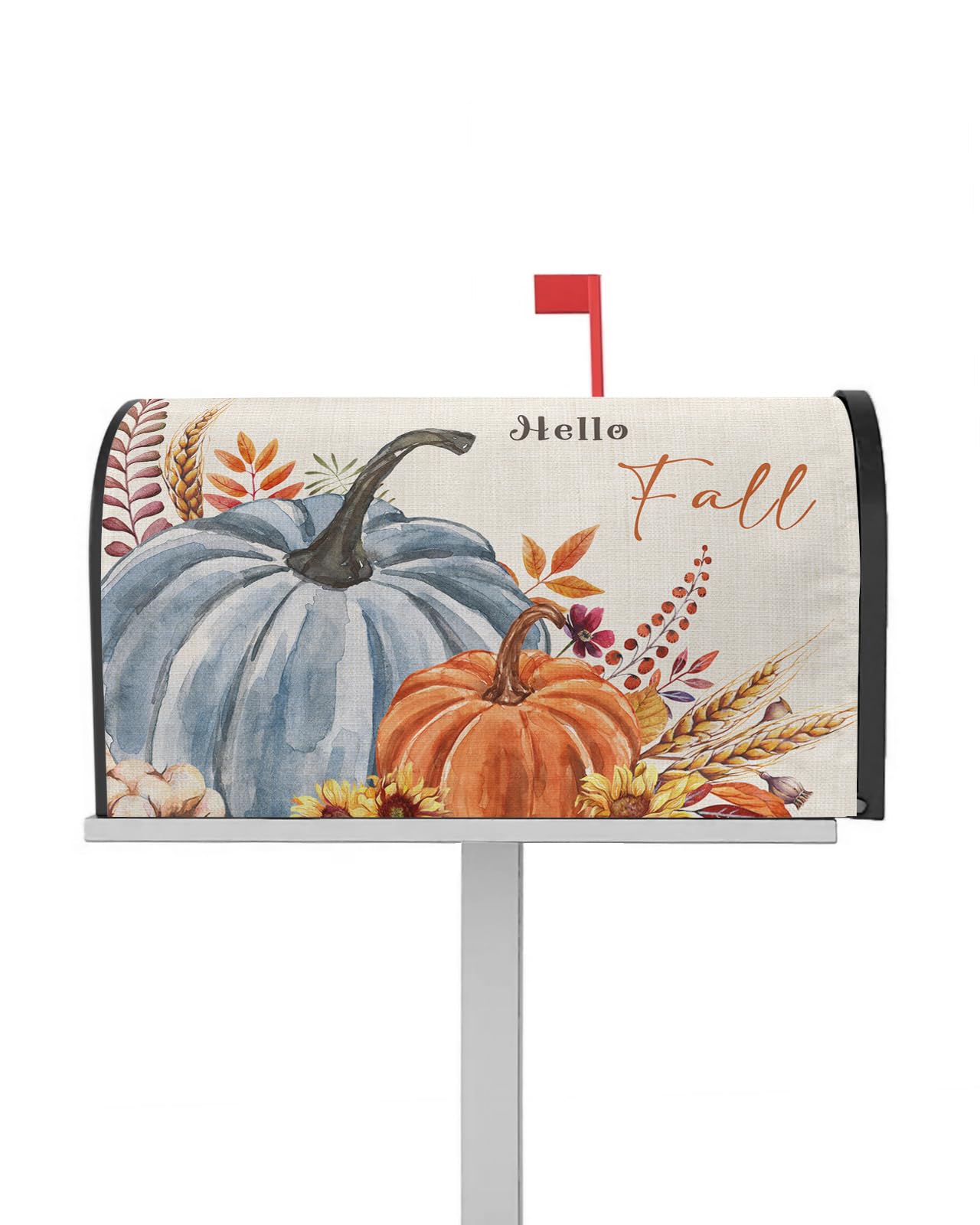 Hello Fall Magnetic Mailbox Cover Oversized 21"x25.5" Rustic Orange Blue Pumpkims Leaves Flowers Thanksgiving Post Box Cover Mailbox Wraps Post Letter Box Cover for Holiday Garden Yard Outdoor Decor