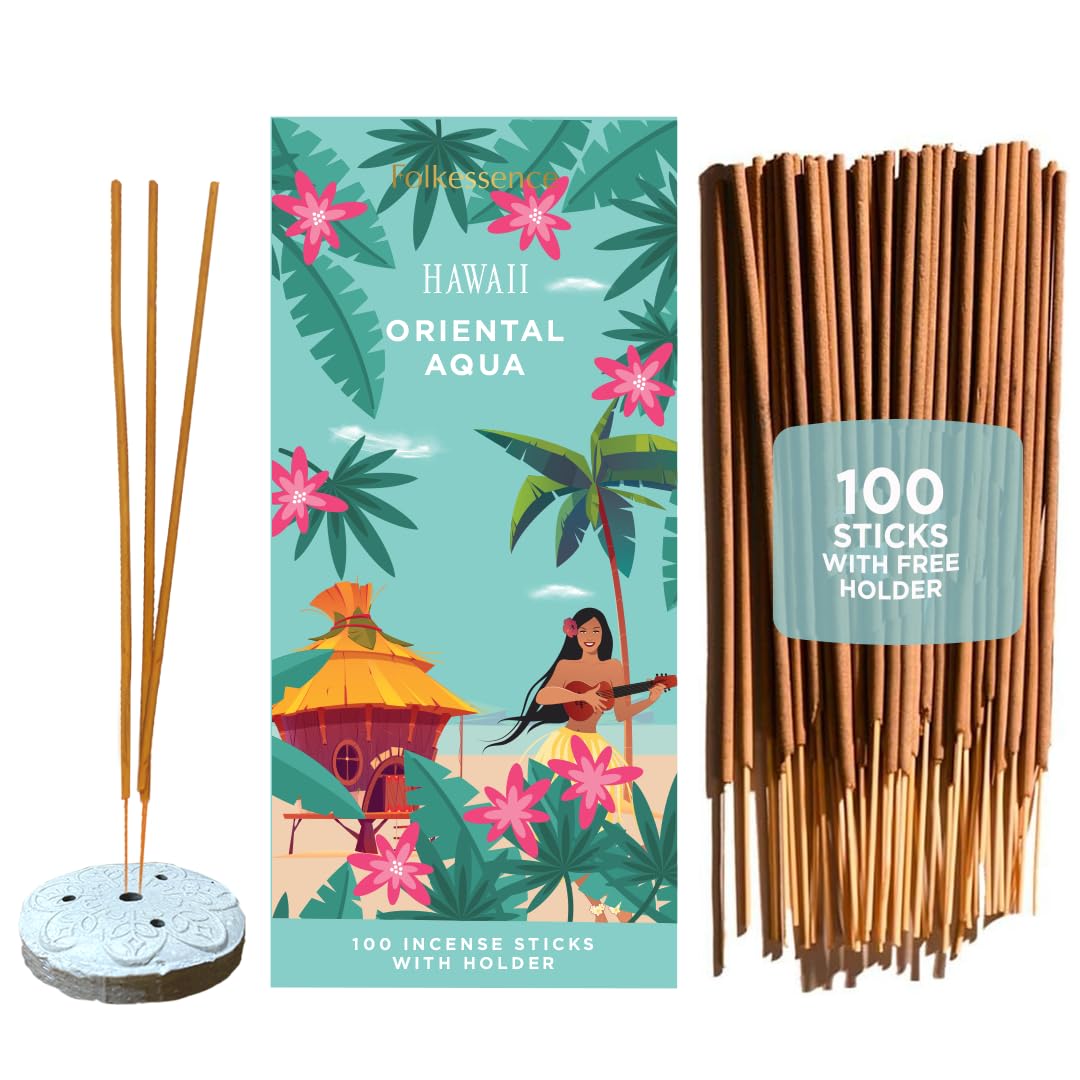 Folkulture Hawaai Hawaii Incense Sticks With Holder (100 Sticks)| Premium Summer Scents Incents Stick For Aromatherapy, Relaxation | No Charcoal,Organic,Non Toxic, 45 Mins Slow Burning Insence-Sticks