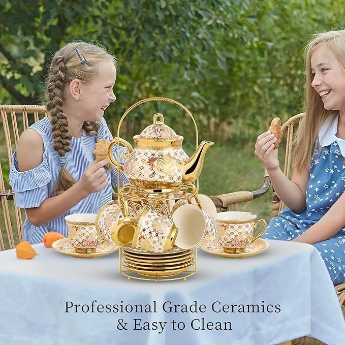 Image of DEEDECORWAVE Premium Ceramic Tea Set of 13 PCS Teapot (800ML) with 6 Cups (180ML Each), 6 Saucers & Holder Stand Elegant Gift for Tea Lovers Ideal for Home, Office & Parties (Check White)