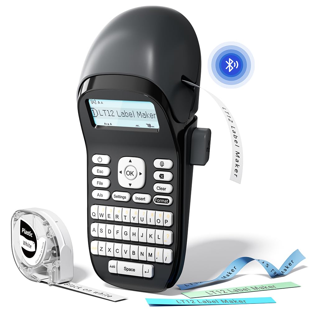 Phomemo Label Maker Machine with-Tape, LT12 Portable Bluetooth Label Maker with Keyboard, Handheld Labeler Rechargeable Label Maker Waterproof with Backlight Screen, for Home Organization