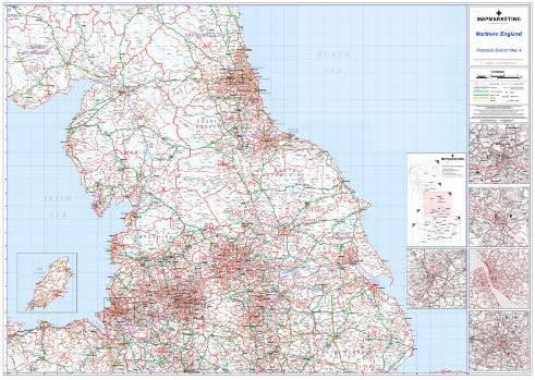 Laminated District Postcode Map 4 Of Northern England (Newcastle-upon-Tyne, Leeds, Manchester & Liverpool) Includes motorways, primary roads, and 'A' and 'B' roads Highlighting major towns and cities