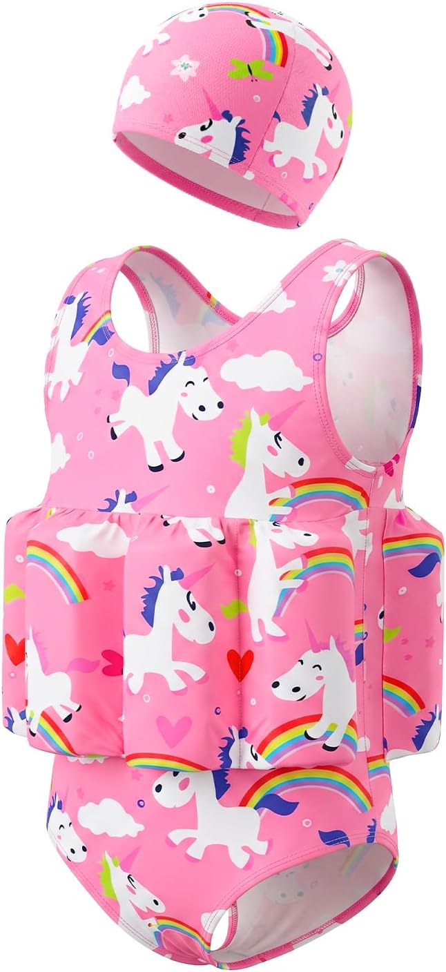 DivingBirds Toddler Floatie Swimsuit with Hat for Boys Girls, Sleeveless Swim Suit with Floatation, 1-6Y