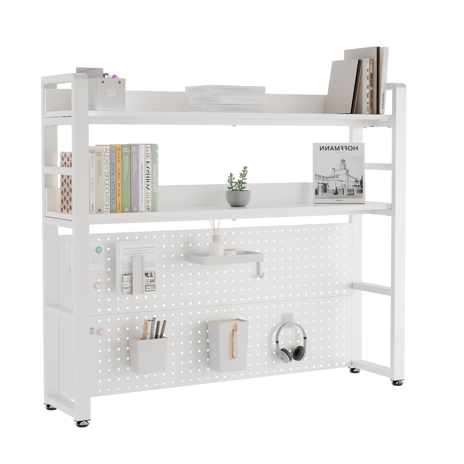 Boltmol 2-Tier Desk Shelf With Concealed Screws Design,White 110CM, Desktop Organizer With Pegboard, Countertop Storage Bookcase For Home, Office Or Dorm — image 1