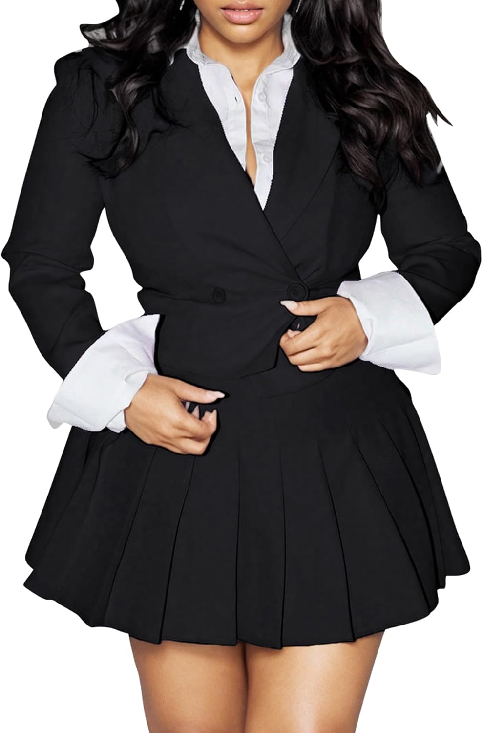 Tcremisa Women 2 Piece Skirt Set Business Casual Outfits Cropped Blazer and Pleated Mini Skirts Suit Office Work Party