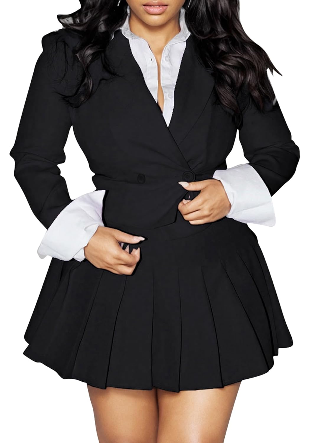 Tcremisa Women 2 Piece Skirt Set Business Casual Outfits Cropped Blazer and Pleated Mini Skirts Suit Office Work