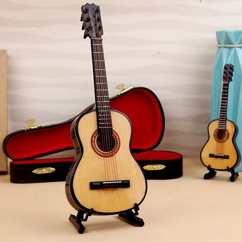 Miniatura 3 de Modelo de guitarra de madera en miniatura, mini adornos musicales artesanales con soporte y estuche, réplica pequeña, decoración coleccionable,