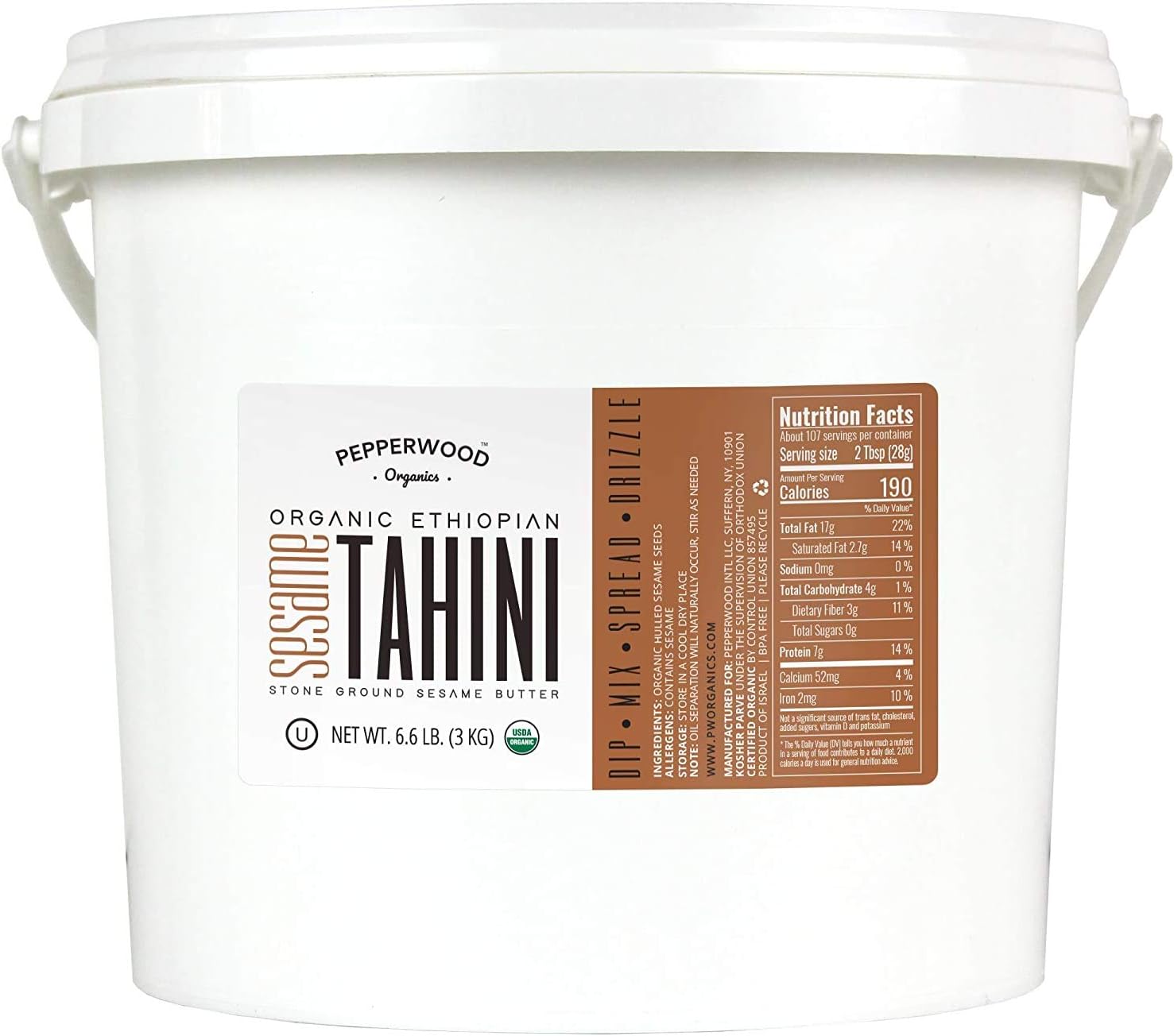 Organic Stone-Ground Sesame Tahini Paste, Bulk Size, Hulled, Unsalted, Non-GMO, Gluten-Free, Kosher, Vegan, USDA Organic, Peanut-Free, (3KG Bucket)