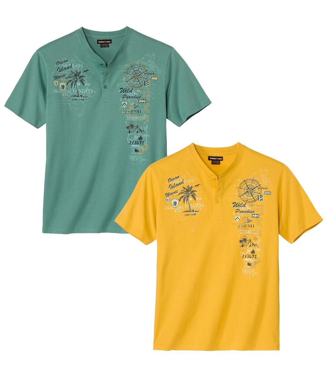 ATLAS FOR MEN - Pack of 2 Men's Henley-Neck T-Shirts - Green Yellow - 3XL
