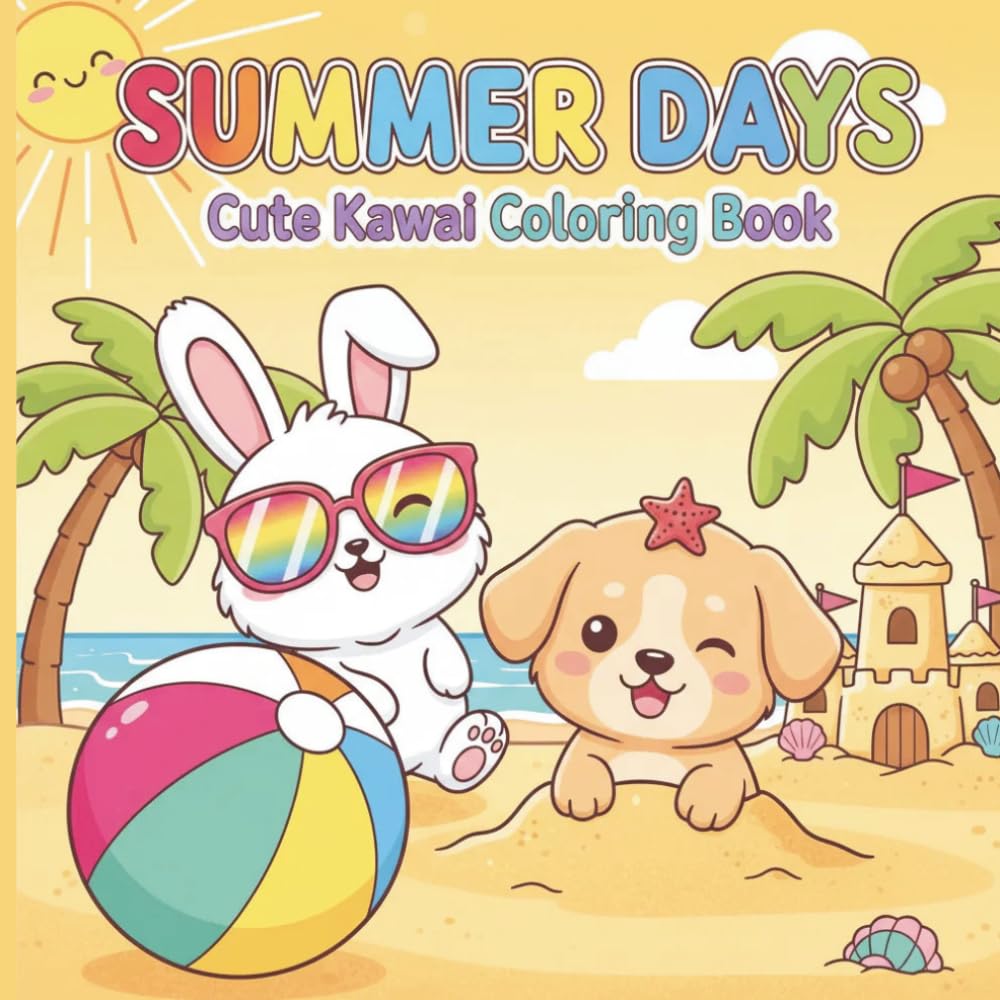 SUMMER DAYS: Cute Kawaii Coloring Book for Adults & Teens - Fuzzy Animals in Fun Summertime Scenes Easy Hand-Drawn Designs for Relaxation: 50 Adorable ... Scenes for Stress Relief and Creative Joy