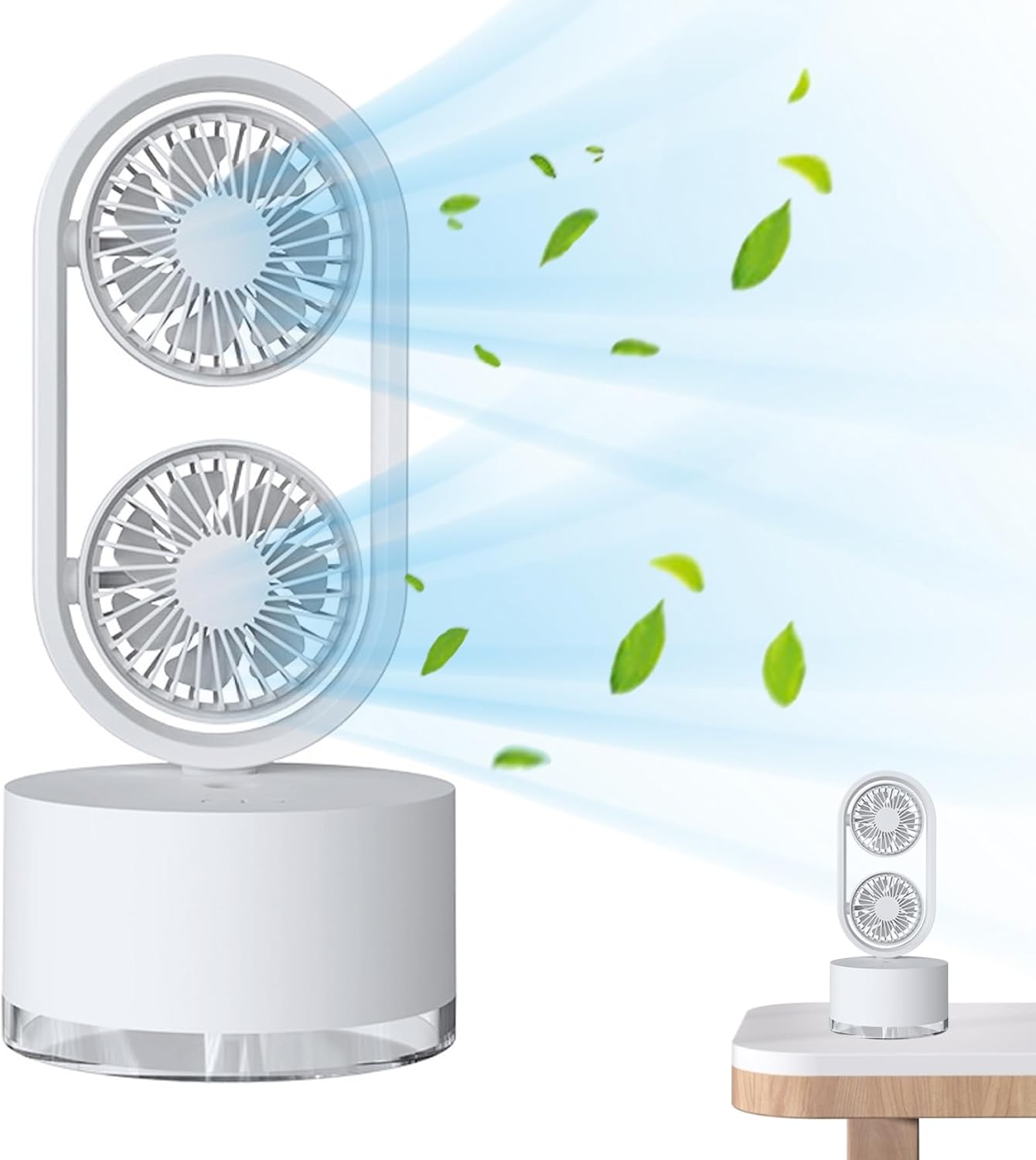 Small Fan, Desk Tower Fan Oscillating Table with Mist 30dB USB Personal with 3-Speed Dual Fans Portable with Night Light for Home Office
