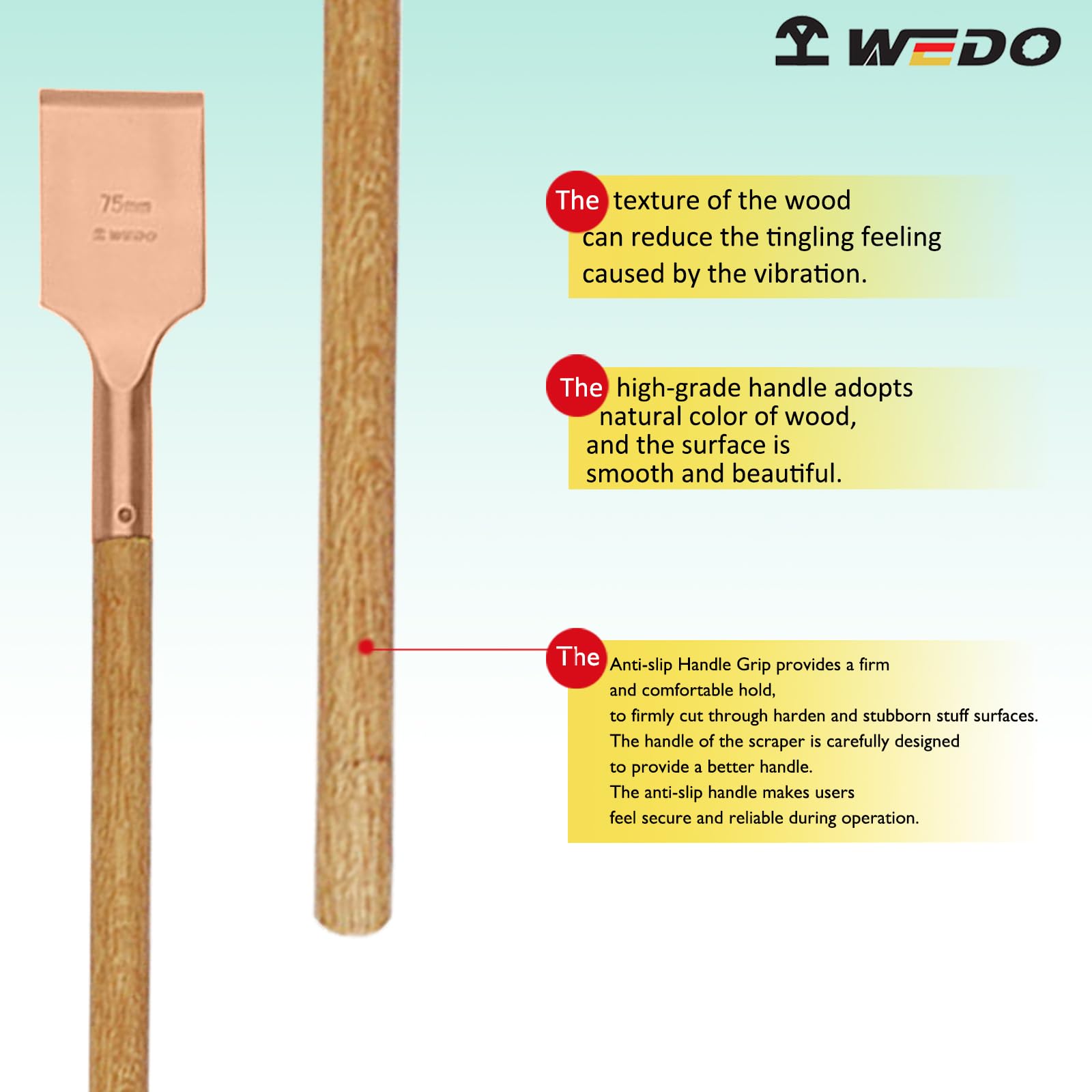 WEDO Raspador de suelo sin chispas, herramienta raspadora de pintura con mango de madera, hoja de 100 x 115 mm, longitud 720 mm, cobre berilio, no magnético, certificado BAM/FM, cincel de escala