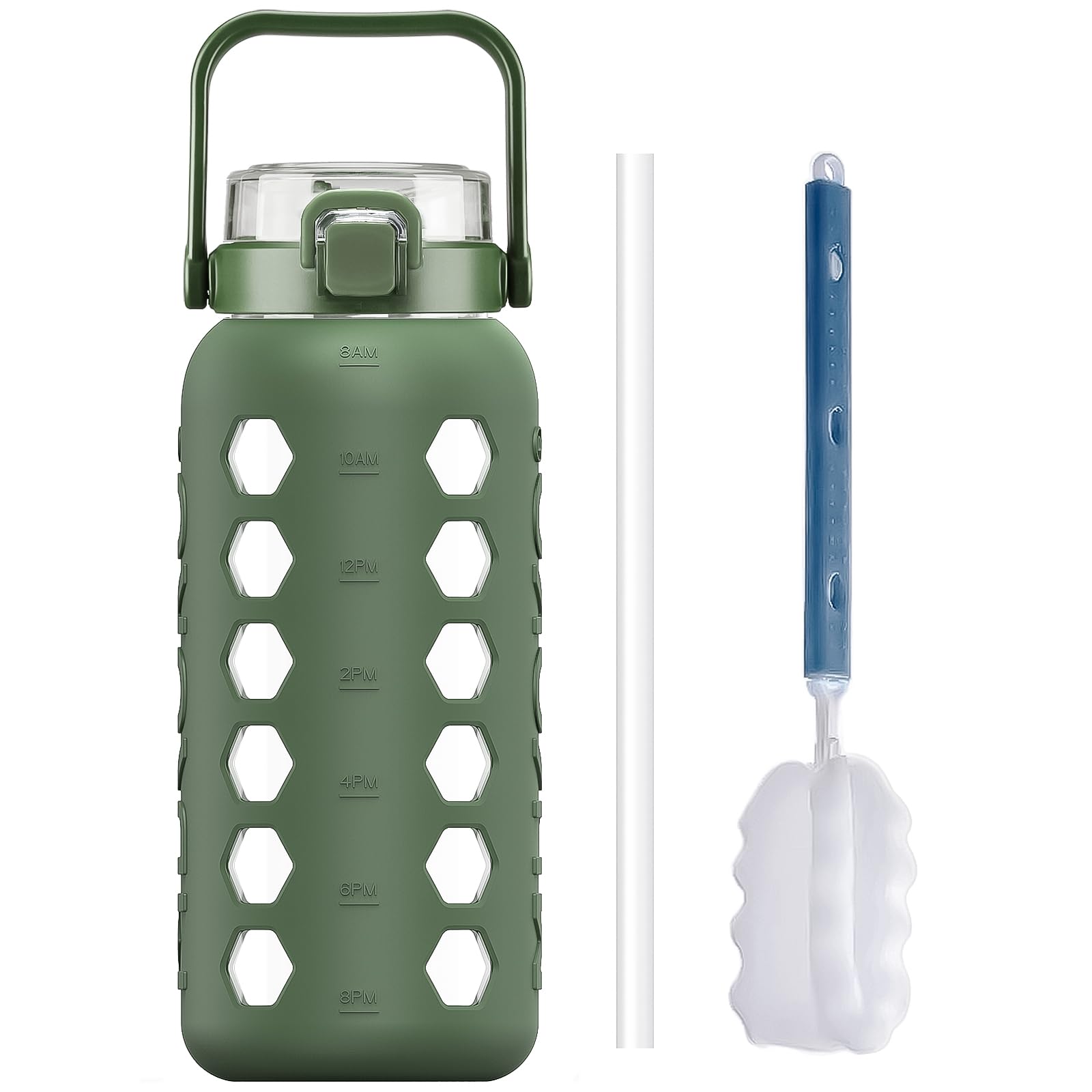 MUKOKO Half Gallon/64 oz Glass Water Bottles with Straw and Lid,Motivational Water Jug with Time Marker Reminder and Silicone Sleeve,100% Leakproof