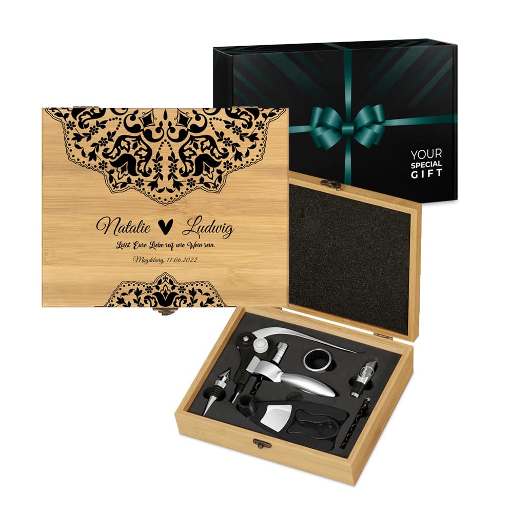 Maverton Weinöffner-Set Weinset Sommelier Set - Geschenkbox Holzbox 8er Weinzubehörset - aus Bambus - Braun - Geschenk Geburtstag Frauen Männer