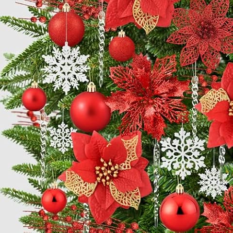 92pcs Set of Christmas Ball Ornaments, Crystal Hanging Snowflake Drop, Xmas Glitter Poinsettia Flowers, Artificial Stems for Christmas Tree Decoration Holiday Wedding Home Party Decor (Red) Cover