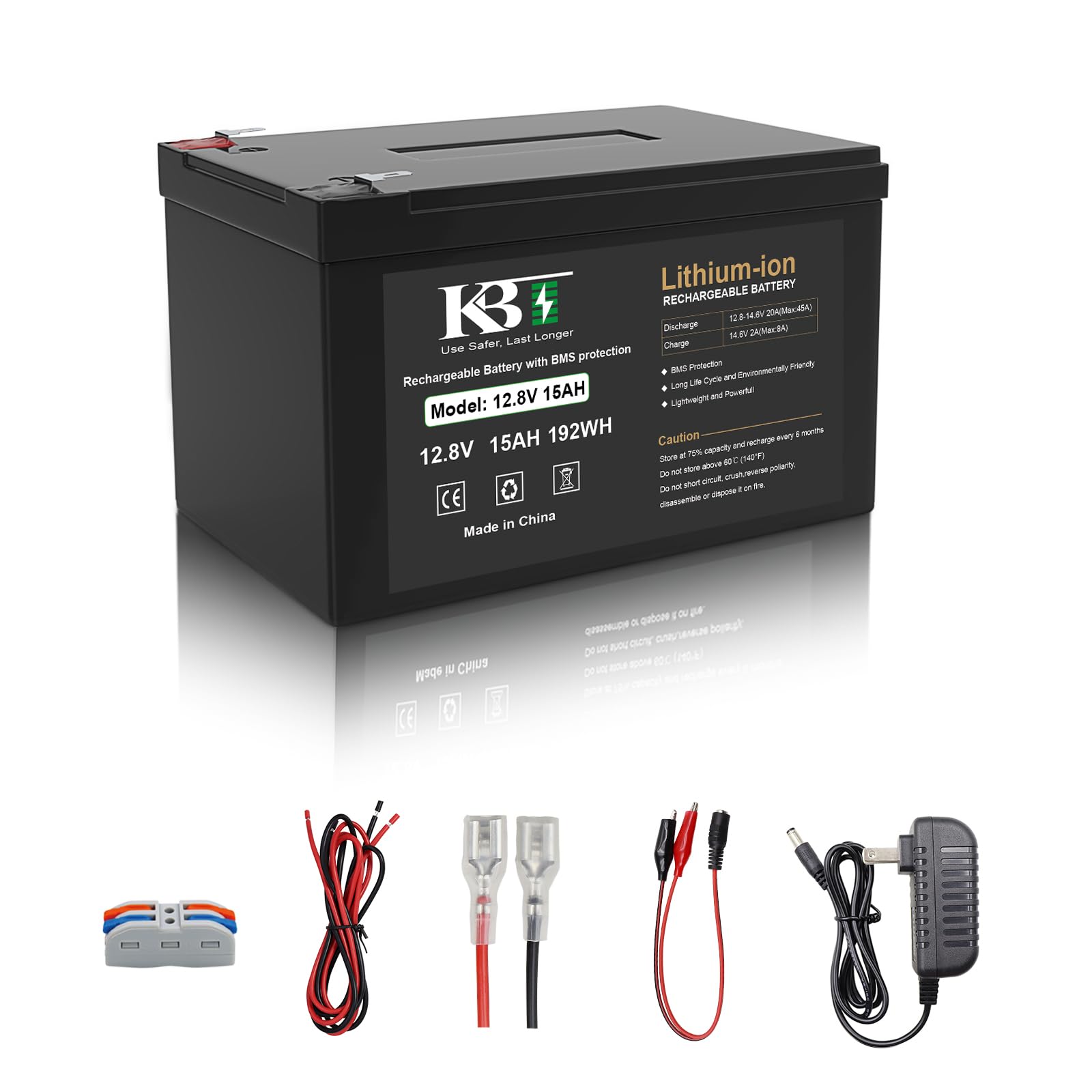 KBT 12V 15Ah Lithium LiFePO4 Battery, with 12V Charger, Charging Cable Built-in 20A BMS
