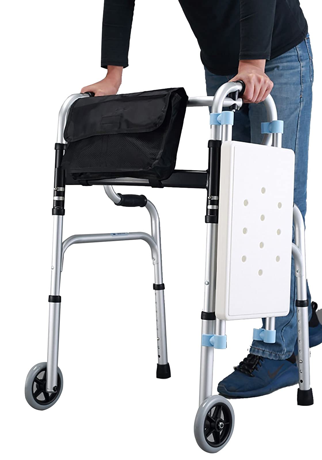 Andador Plegable y Ligero con Asiento, Ayuda portátil para Caminar para Personas Mayores o discapacitadas, Ideal para Interiores y Exteriores, Silla de baño y Ducha (con Ruedas) (sin Ruedas)