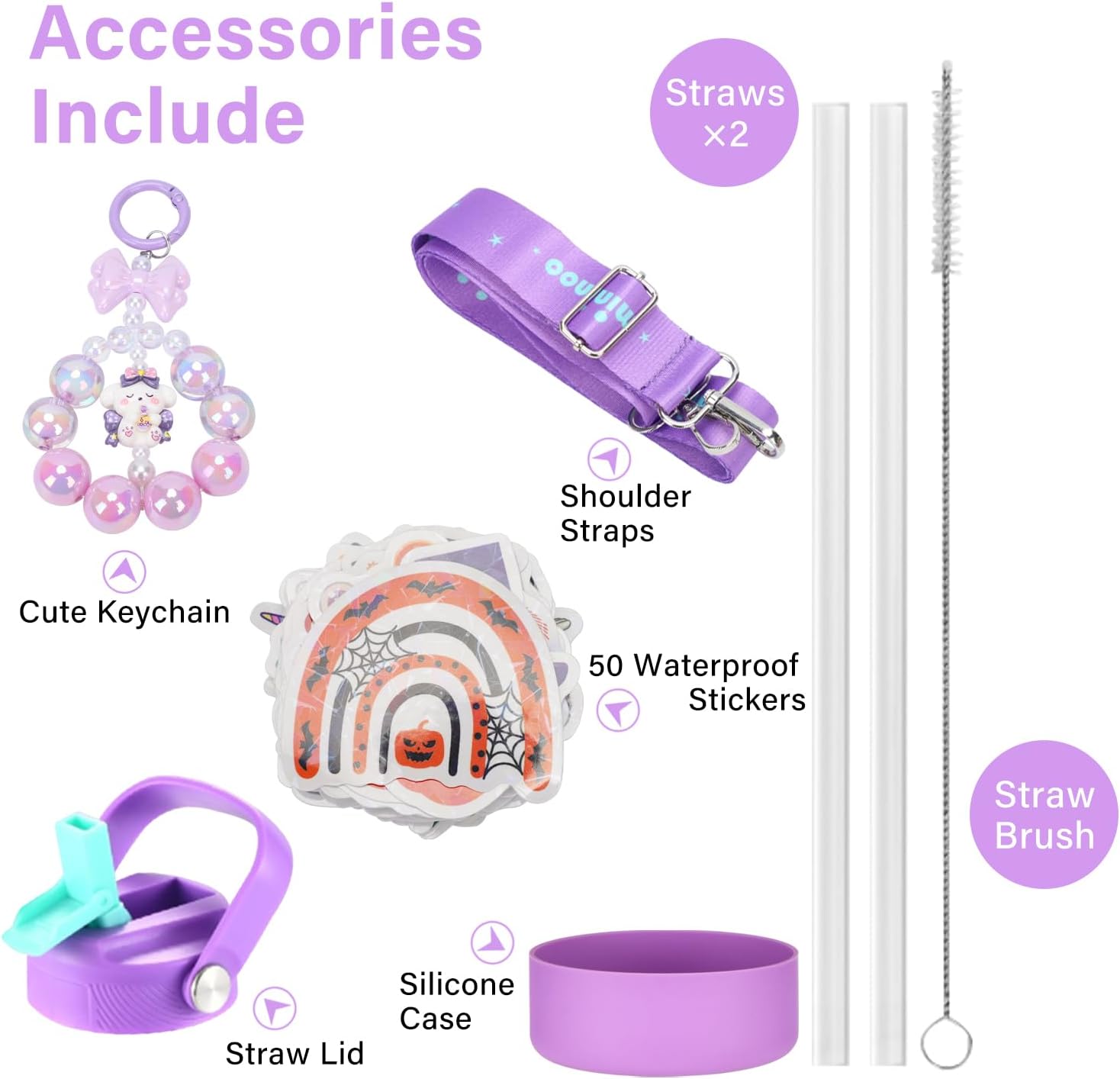 Mininoo Insulated Stainless Steel Kids Water Bottle for School with Straw Lid & Strap, 50 Stickers, 18 oz(Purple/Sky) - Image 7