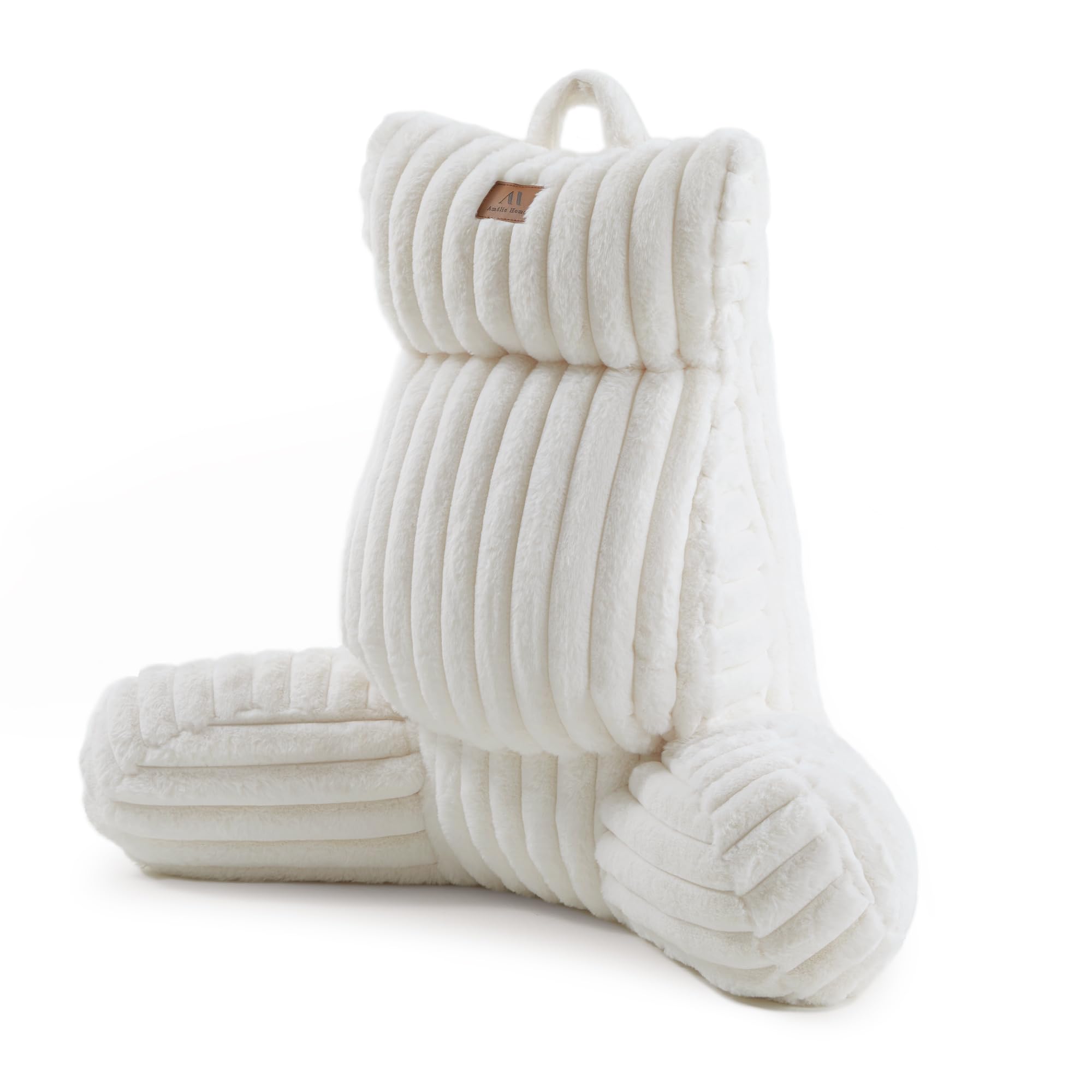 Amélie Home Faux Fur Reading Pillow with Pocket for Sitting in Bed, Adult Backrest Bed Pillow with Washable Cover for Lounging, Study & Relaxing, Ivory 29 inches