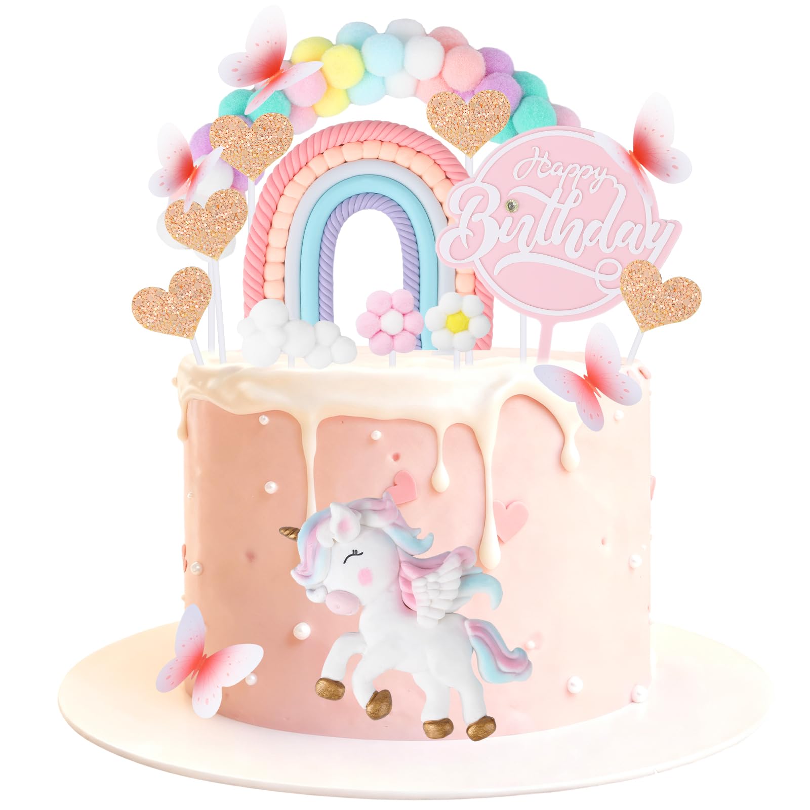 24 unidades unicornio decoración para tartas de cumpleaños, decoración para tartas de unicornio, arco iris, corazón, flores, mariposas, decoración para tartas de cumpleaños para niñas, niños