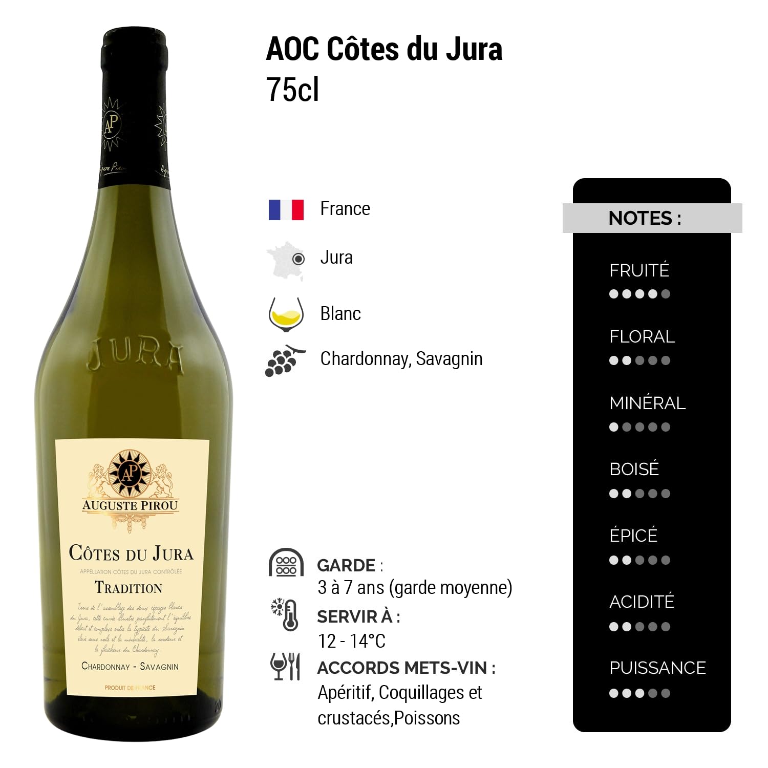 Côtes du Jura Tradition Chardonnay Savagnin - Blanc - Auguste Pirou - Vin Blanc du Jura (3x75cl)