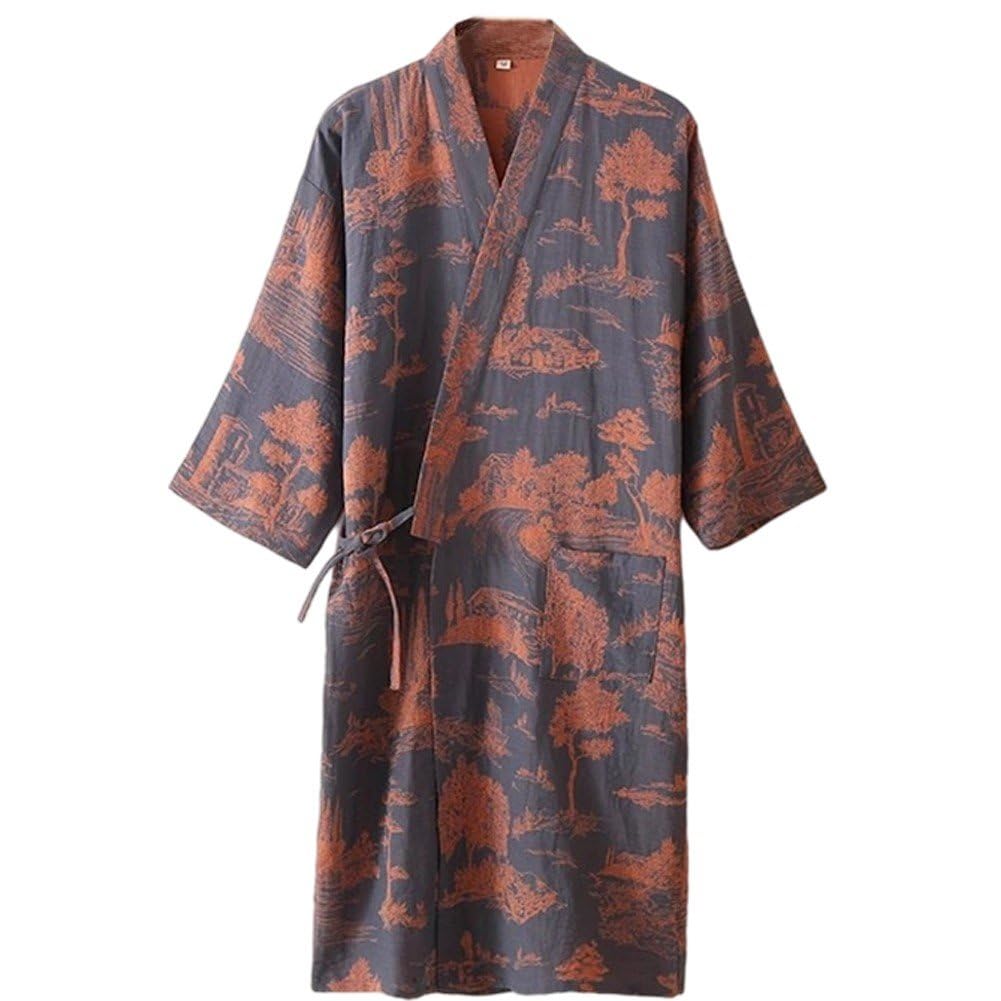Uzztfa Men's Blue+Grey Kimono Robe Yukata Spa Bathrobe Sleepwear Japanese Kimono Loungewear Nightgown Dressing Bathrobe Pajamas Sleepwear With Pocket
