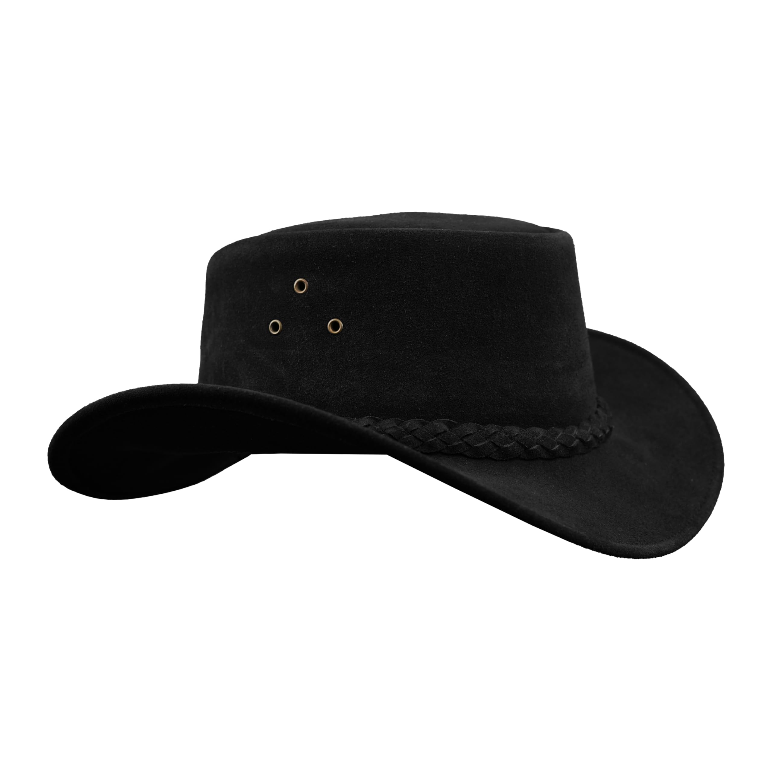 Leatherick Cowboy Hats for Men - Braided Western Aussie Style Wide Brim Vintage Outback Hats with Chin Cord (M, Black)