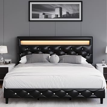 Modern Upholstered Platform Bed Frame with LED Headboard, Faux Leather Thin Platform Bed Frame, Strong Wood Slat Support, Adjustable LED Headboard, Easy Assembly, Black, Queen Size