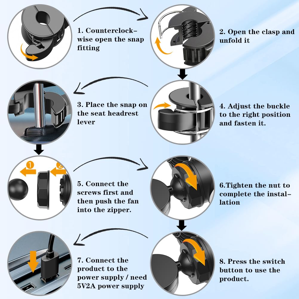 Ventilatore auto per sedile posteriore, girevole a 360°, ventilatore per auto, ventilatore USB per auto, ventilatore di raffreddamento a 2 marce, mini ventilatore di velocità per auto SUV