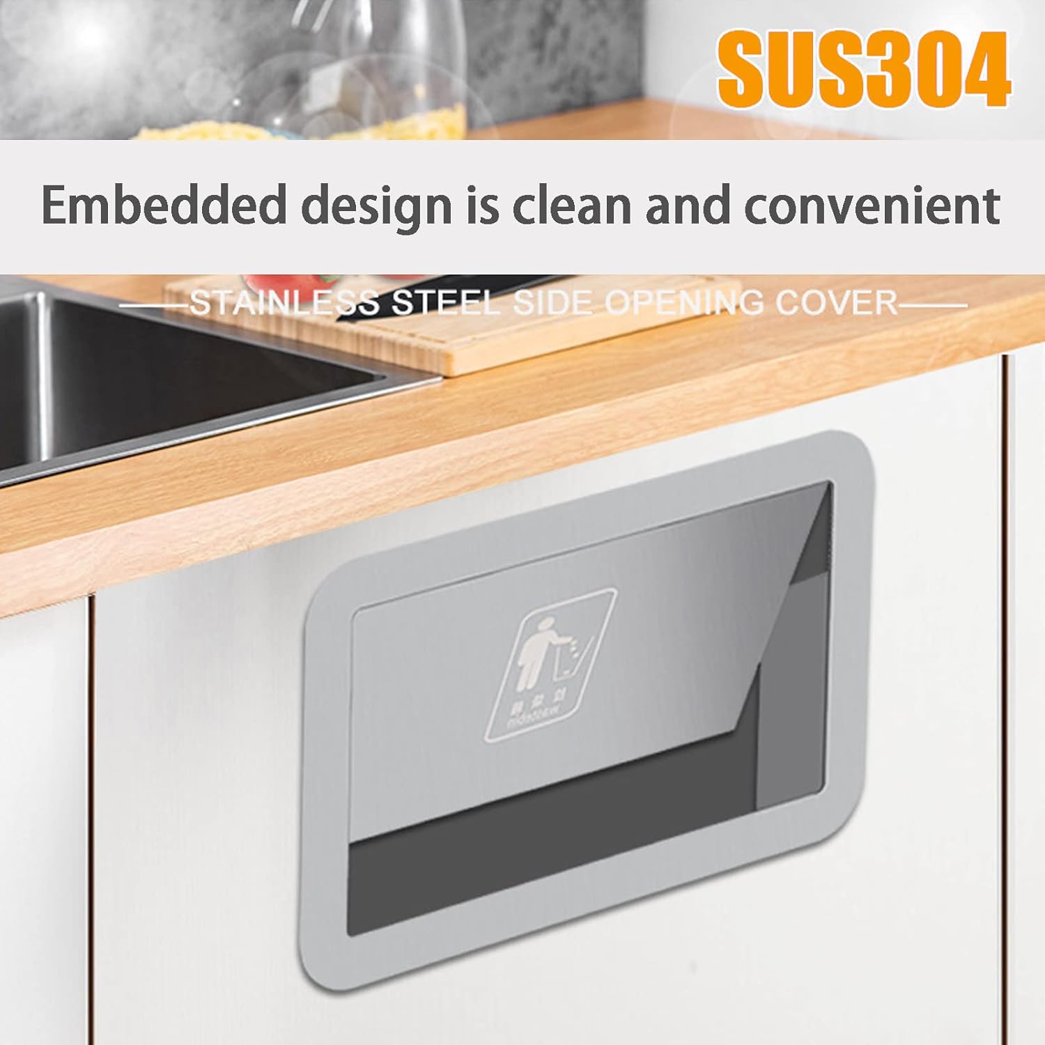 Square Trash Can Lid, Built-in Side Opening Waste Bin Cover, Brushed Surface Stainless Steel Balance Flap Cover, Anti-Fingerprint Garbage Can Lid for Kitchen, Silver,02 (03)