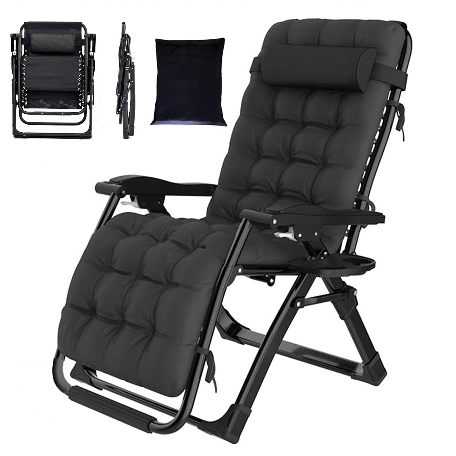 YOIZO Tumbona Plegable reclinable para Exteriores, con cojín, Silla Plegable Ajustable para Patio, jardín, Playa, Piscina, con Almohada, 200 kg (Negro)