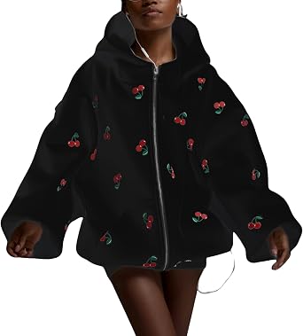 Xunger Womens Cute Cherry Hoodie Long Sleeve Zip Up Printed Jacket Oversized Warm Sweatshirt with Pocket