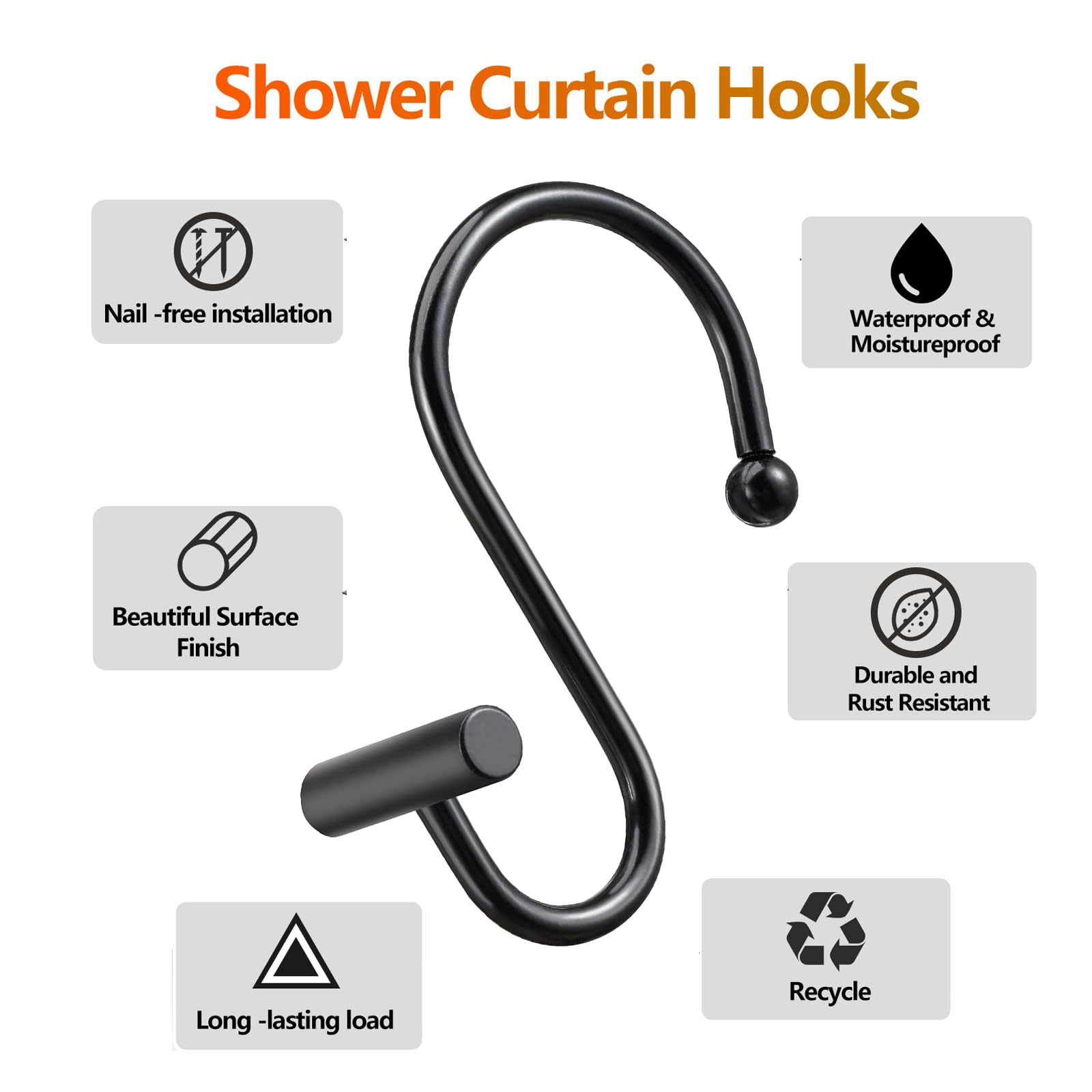 Black Shower Curtain Hooks S Hooks for Hanging Shower Hooks 12 Pack Metal Rustproof Rings with T-Bar Design, Elegant & Durable, Easy to Install for Bathroom, Kitchen, or Wardrobe Rods Curtain Rings