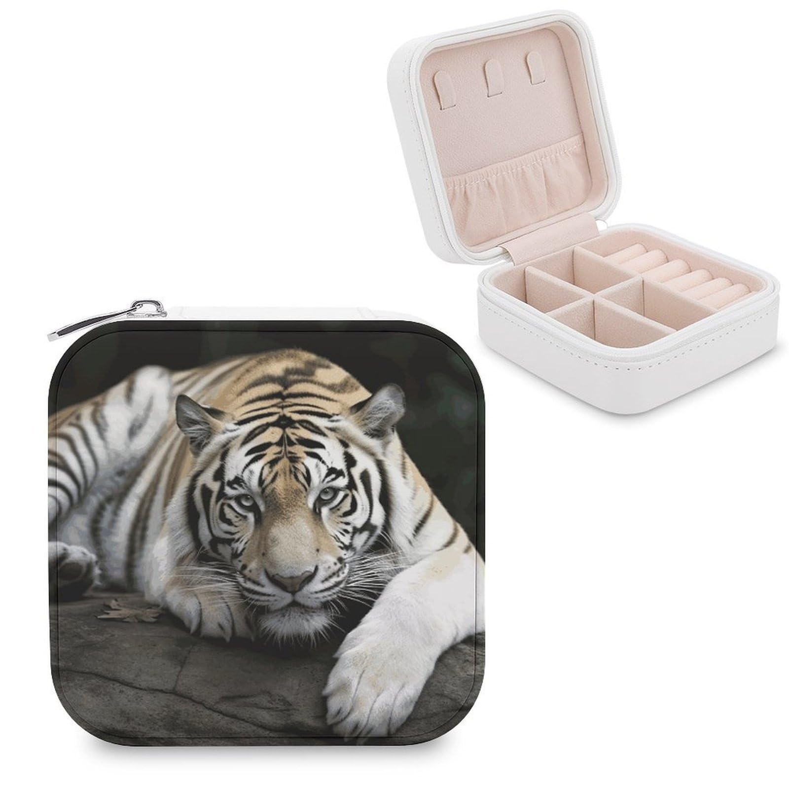 JTREHY Travel Tiger Lie On Rock Jewelry Case Portable Display Storage Box PU Leather Mini Jewelry Travel Case Personalized Travel Jewelry Organizer Small Jewelry Box for Women