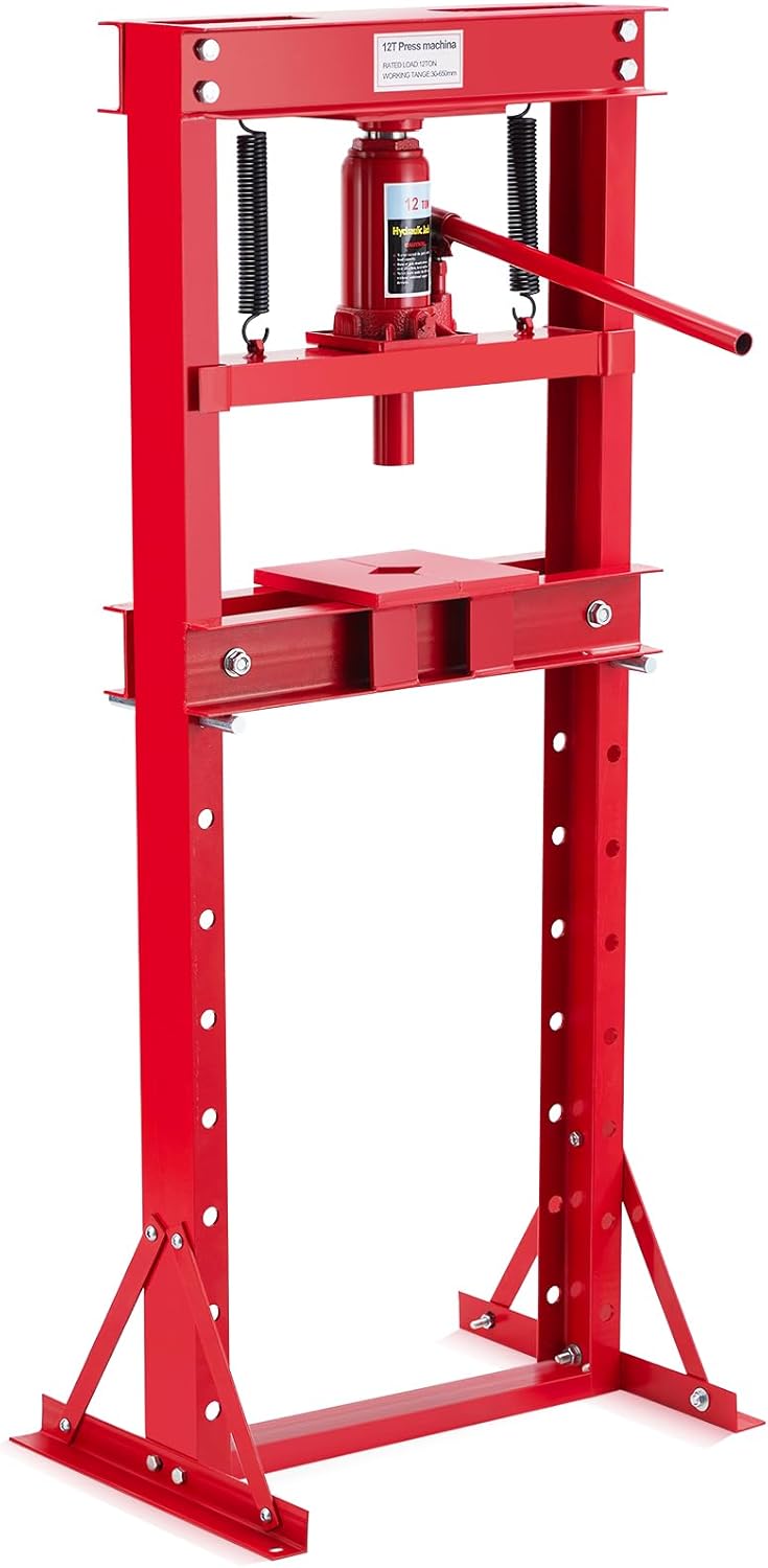 Hydraulic Press 12 Ton, H-Frame Shop Press with Adjustable Worktable & Steel Plates, for Bearing Removal, Metal Bending, Auto and Home Mechanics Use, Red