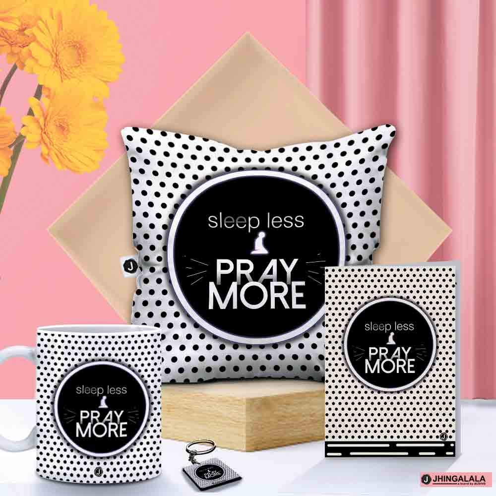 Jhingalala Sleep Less Pray More Printed Cushion Mug Key Chain Greeting Card Combo Gift Pack | Eid Gifts, Islamic Gifts, Eid Gifts for Family, Eid Gift for Women, Eid Gift for Men