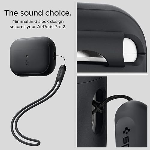 Miniatura 3 de Spigen Funda de silicona diseñada para AirPods Pro de 2 generación 20222023 (cable USB-CLightening) Airpods Pro 2 con cordón, color negro y negro