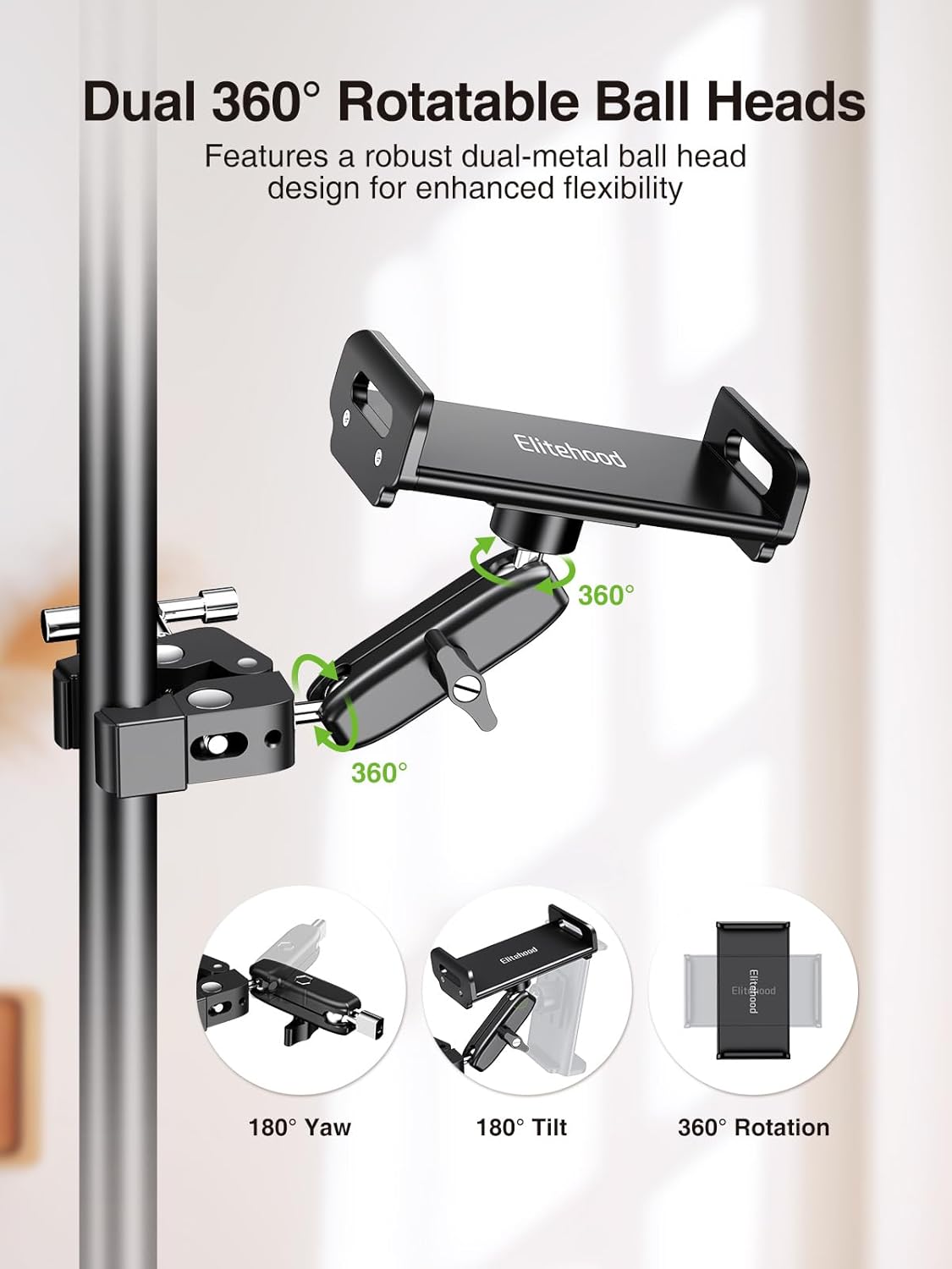 elitehood Aluminum Dual Ball Head Tablet Holder for Mic Stand, Adjustable iPad Mic Stand Holder, Strong Metal iPad Clamp Mount for Aircraft Yoke, Loader, Tractor, Boat, Wheelchair, Stroller, Treadmill