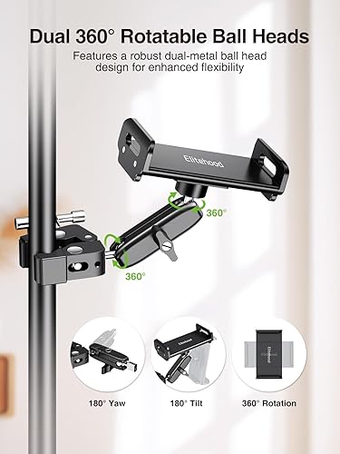 Miniatura 3 de elitehood Soporte de aluminio para tableta de doble cabeza de bola para soporte de micrófono, soporte de micrófono ajustable para iPad, soporte de