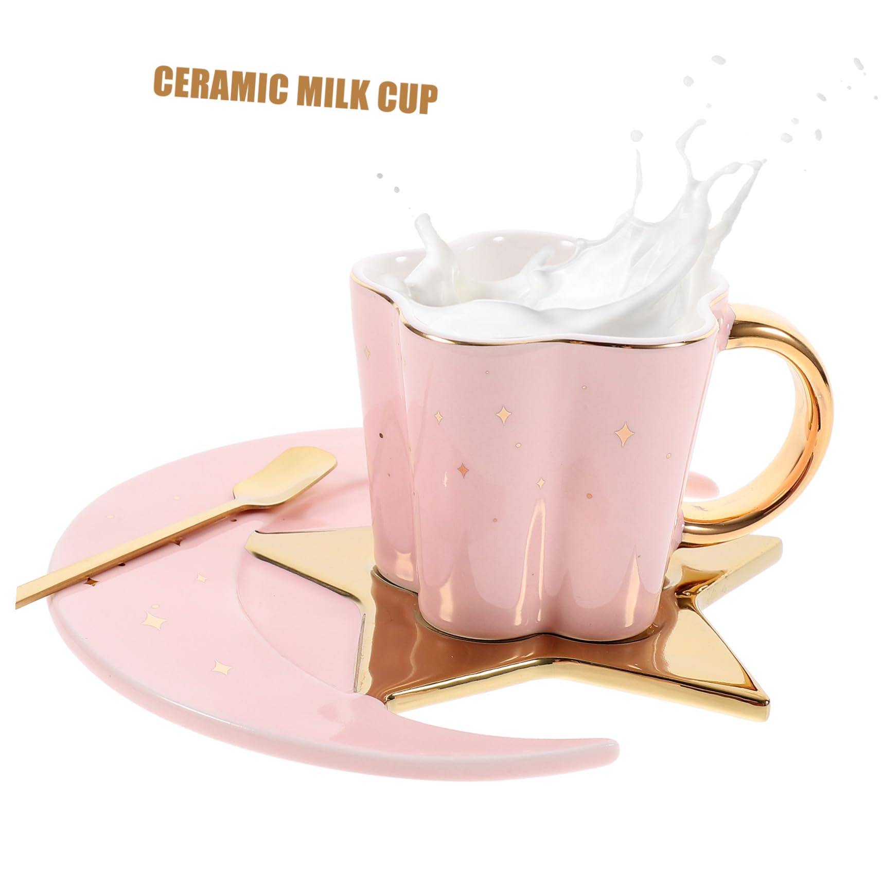 Tazza da Caffè in Ceramica 120ml con Cucchiaio e Piattino | Tazzine da Caffe Particolari, Set 1 Pezzo, Piattino a Forma di Luna e Stella, Colore Rosa