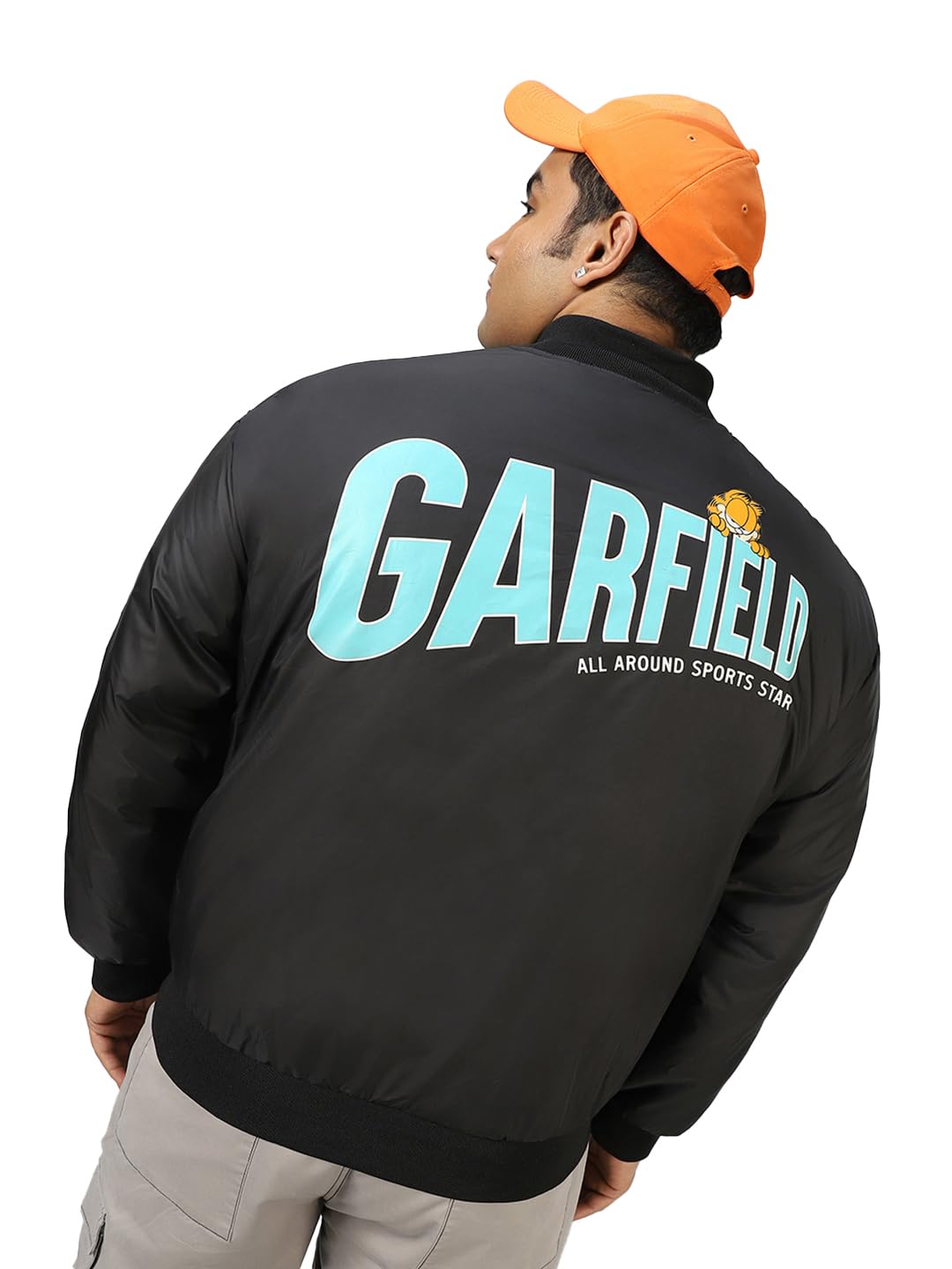 Bewakoof X Garfield Men's Nylon Oversized Fit Collar Plus Size Jacket | Jacket for Men Winter Wear in neutral