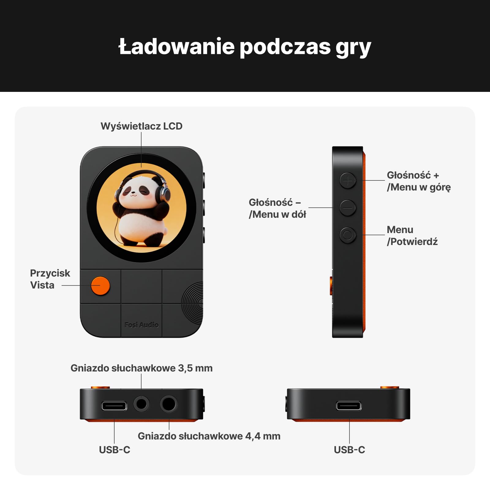 Fosi Audio MD3 Przenośny HiFi Wzmacniacz Słuchawkowy USB DAC Amp Dongle z Magnetycznym Mocowaniem, 1.28" Wyświetlacz, ES9039Q2M, 3.5mm + 4.4mm, PCM 32bit/384kHz, DSD256, do Telefonu, Tabletu i PC